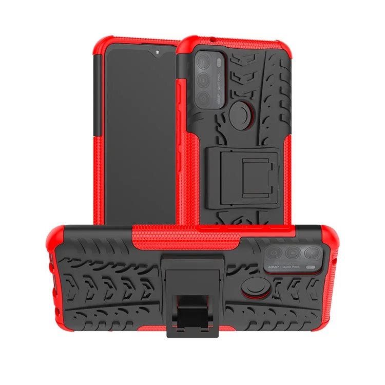 Tire Texture Hybrid Rugged 2-in-1 TPU + PC Combo Dual Layer Shockproof Protective Cover with Kickstand for Motorola Moto G50 - Red