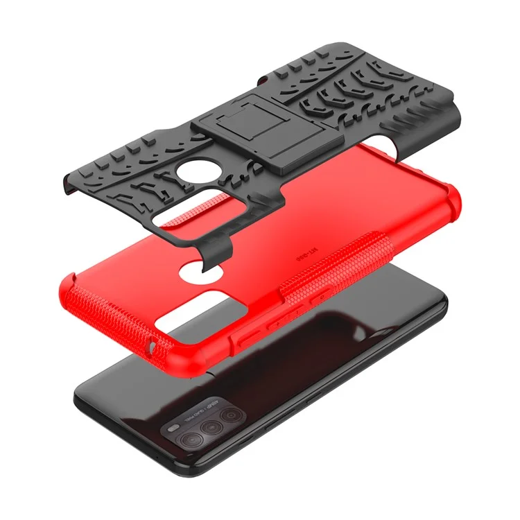Tire Texture Hybrid Rugged 2-in-1 TPU + PC Combo Dual Layer Shockproof Protective Cover with Kickstand for Motorola Moto G50 - Red