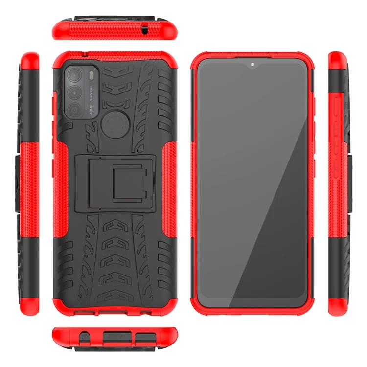 Tire Texture Hybrid Rugged 2-in-1 TPU + PC Combo Dual Layer Shockproof Protective Cover with Kickstand for Motorola Moto G50 - Red