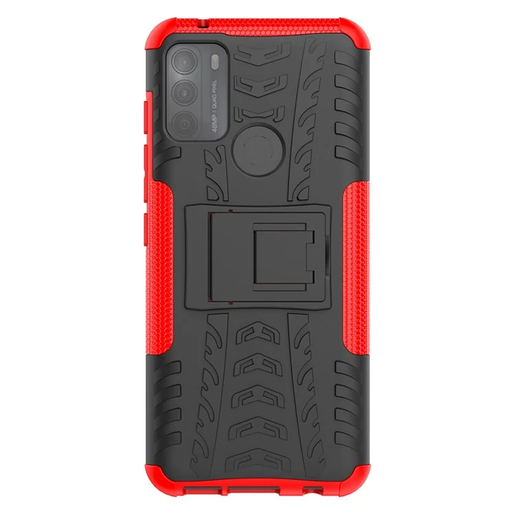 Tire Texture Hybrid Rugged 2-in-1 TPU + PC Combo Dual Layer Shockproof Protective Cover with Kickstand for Motorola Moto G50 - Red