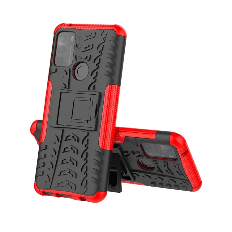 Tire Texture Hybrid Rugged 2-in-1 TPU + PC Combo Dual Layer Shockproof Protective Cover with Kickstand for Motorola Moto G50 - Red
