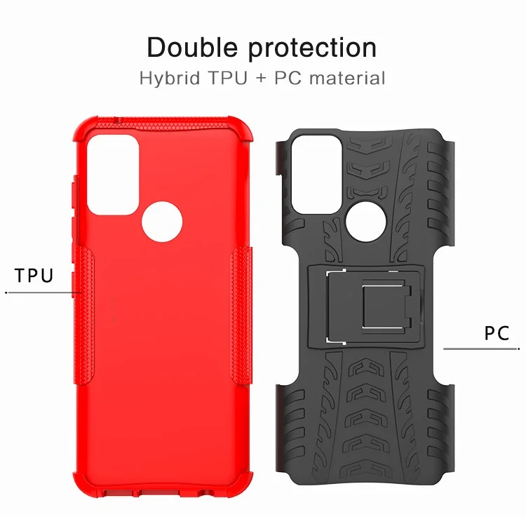 Tire Texture Hybrid Rugged 2-in-1 TPU + PC Combo Dual Layer Shockproof Protective Cover with Kickstand for Motorola Moto G50 - Red