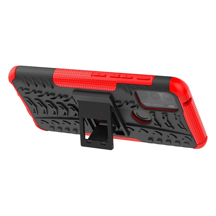 Tire Texture Hybrid Rugged 2-in-1 TPU + PC Combo Dual Layer Shockproof Protective Cover with Kickstand for Motorola Moto G50 - Red