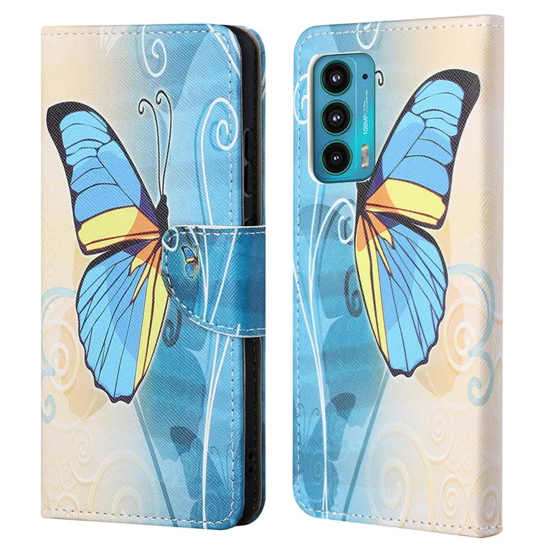Cross Texture Pattern Printing PU Leather Wallet Stand Flip Case with Magnetic Closure for Motorola Edge 20 - Blue Butterfly