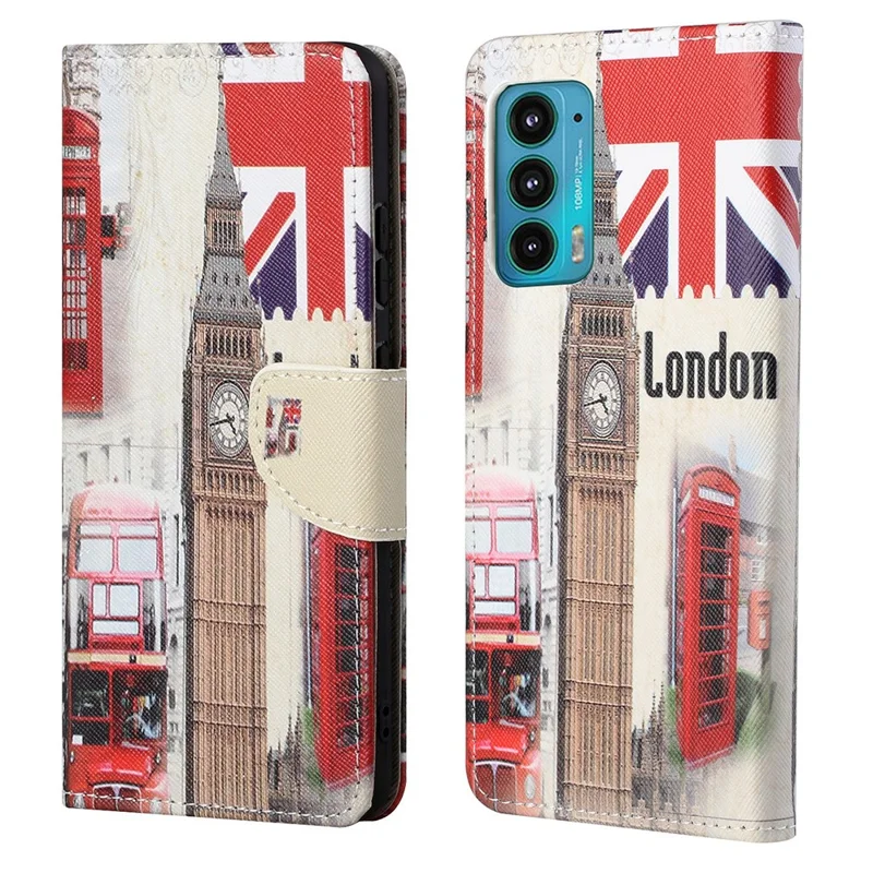Cross Texture Pattern Printing PU Leather Wallet Stand Flip Case with Magnetic Closure for Motorola Edge 20 - London Style