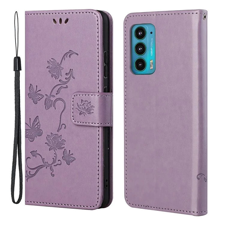 Butterfly Flower Imprinting Leather Cover Phone Standing Shell with Wallet Design for Motorola Edge 20 - Purple