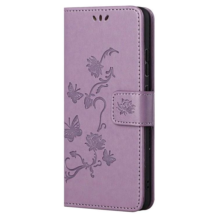 Butterfly Flower Imprinting Leather Cover Phone Standing Shell with Wallet Design for Motorola Edge 20 - Purple