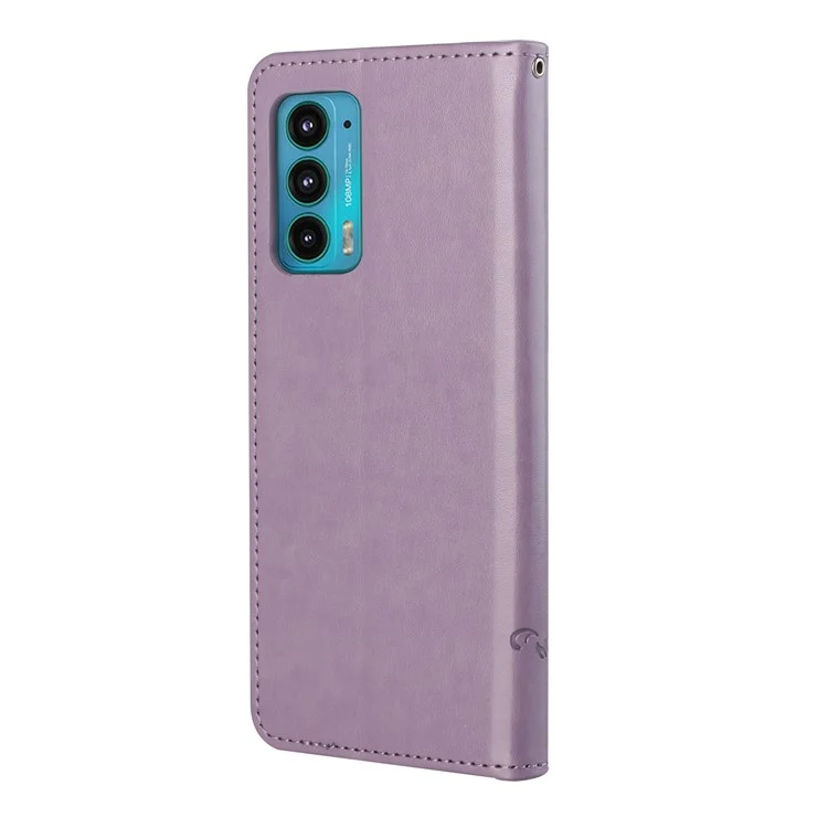 Butterfly Flower Imprinting Leather Cover Phone Standing Shell with Wallet Design for Motorola Edge 20 - Purple