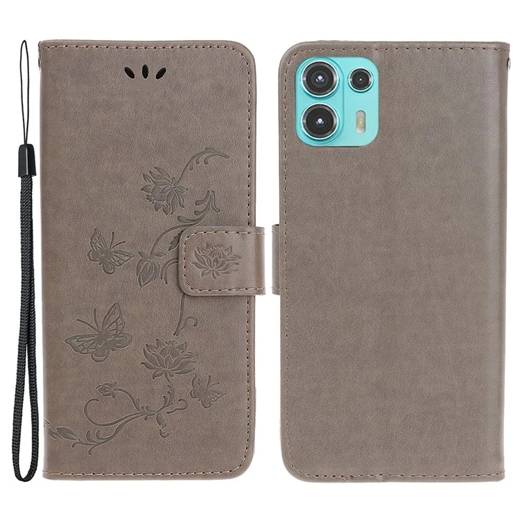 Proteção Total De Proteção Flores De Borboleta Imprinting Cubra De Telefone Com Carteira Stand Para Motorola Edge 20 Lite - Cinza