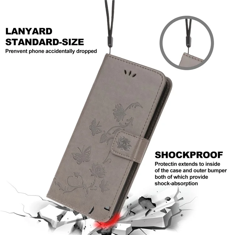 Proteção Total De Proteção Flores De Borboleta Imprinting Cubra De Telefone Com Carteira Stand Para Motorola Edge 20 Lite - Cinza