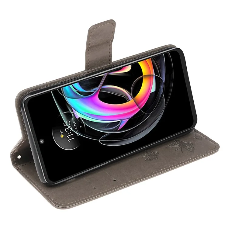 Proteção Total De Proteção Flores De Borboleta Imprinting Cubra De Telefone Com Carteira Stand Para Motorola Edge 20 Lite - Cinza