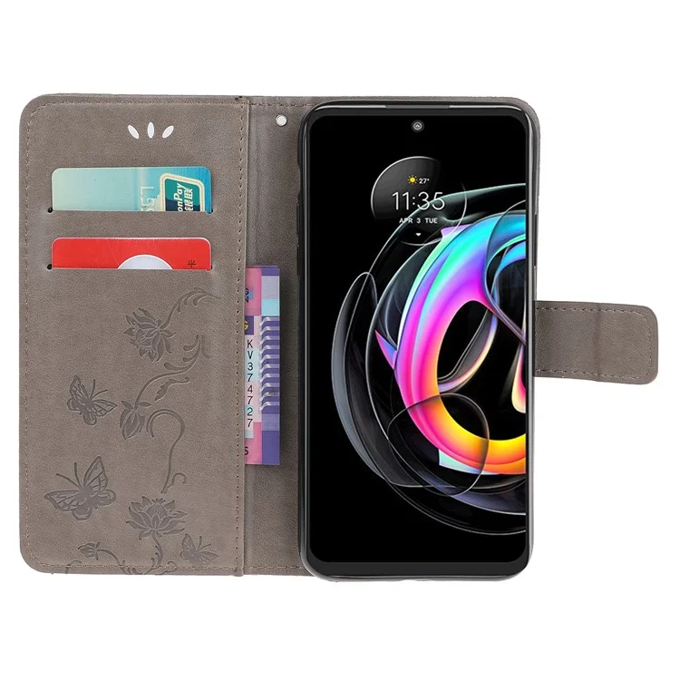 Proteção Total De Proteção Flores De Borboleta Imprinting Cubra De Telefone Com Carteira Stand Para Motorola Edge 20 Lite - Cinza