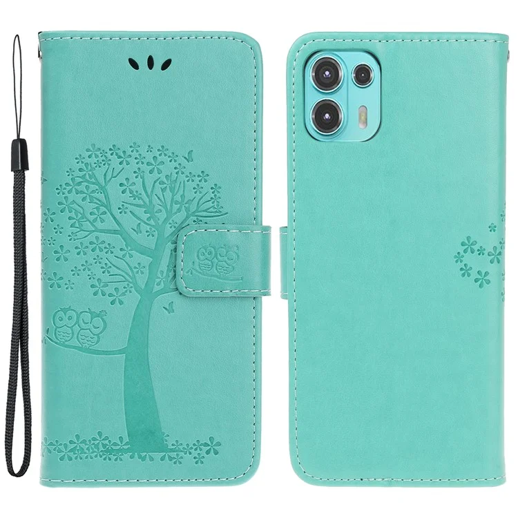 Owl and Tree Pattern Imprinted Wallet Stand Leather Case Shell with Wrist Strap for Motorola Edge 20 Lite - Green