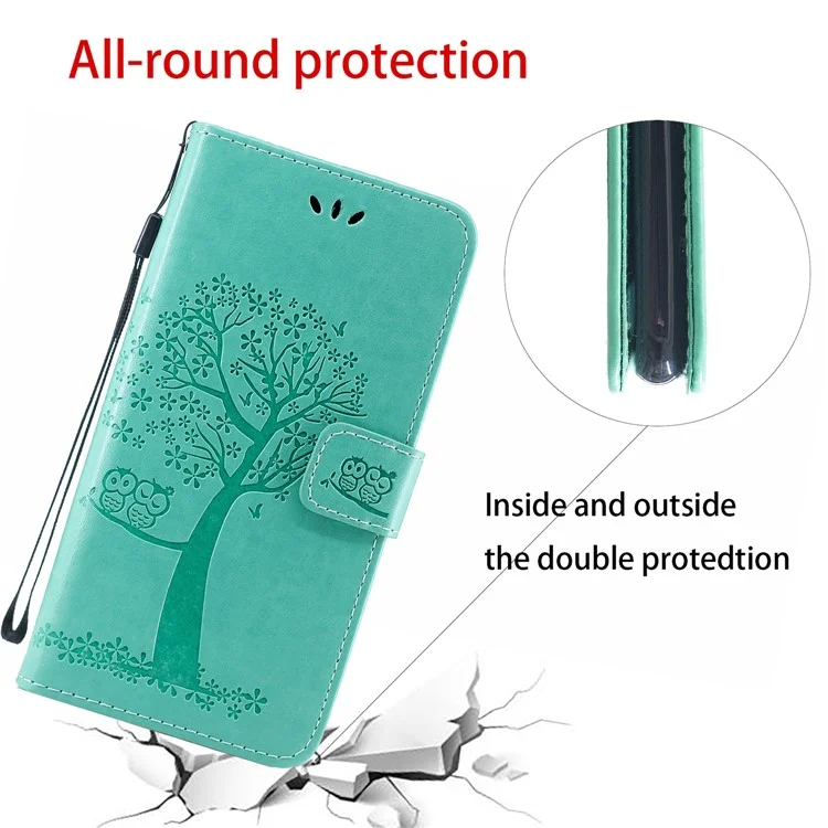 Owl and Tree Pattern Imprinted Wallet Stand Leather Case Shell with Wrist Strap for Motorola Edge 20 Lite - Green