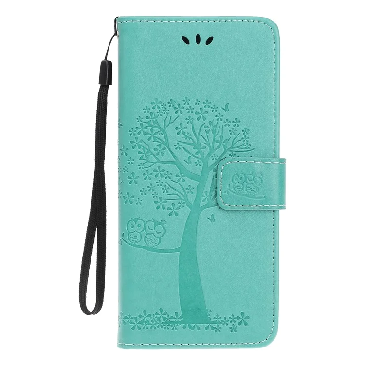 Owl and Tree Pattern Imprinted Wallet Stand Leather Case Shell with Wrist Strap for Motorola Edge 20 Lite - Green