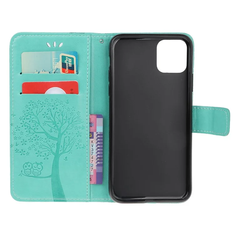 Owl and Tree Pattern Imprinted Wallet Stand Leather Case Shell with Wrist Strap for Motorola Edge 20 Lite - Green