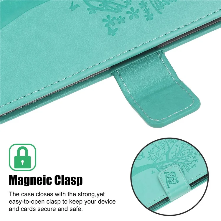 Owl and Tree Pattern Imprinted Wallet Stand Leather Case Shell with Wrist Strap for Motorola Edge 20 Lite - Green
