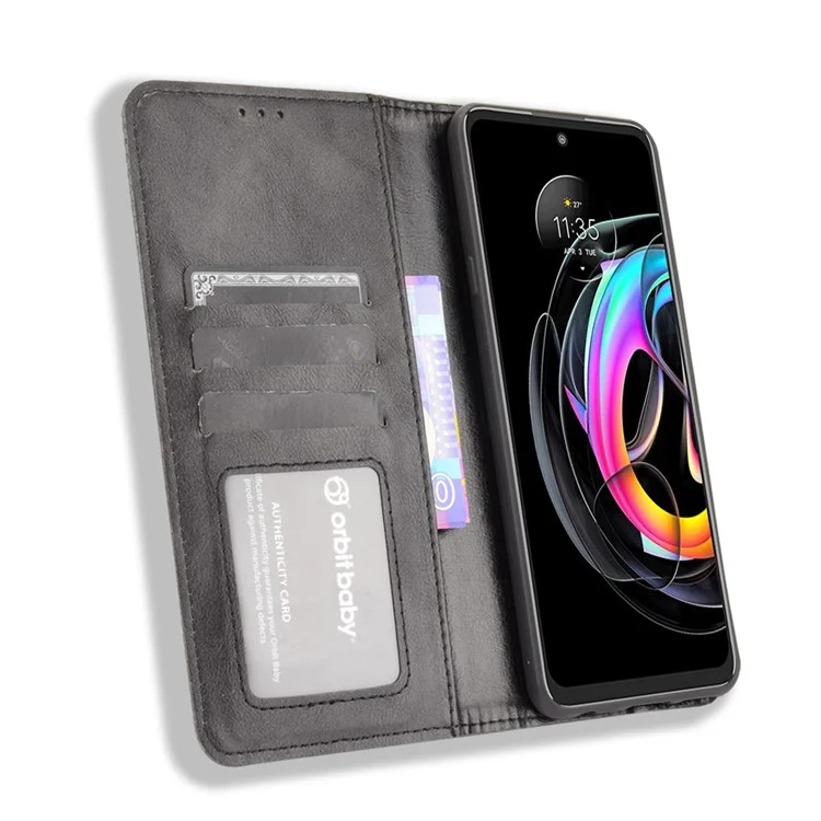 Funda protectora de cuero con estilo vintage y absorción automática, anticaídas, con soporte para Motorola Edge 20 Lite/Edge 20 Fusion - Negro