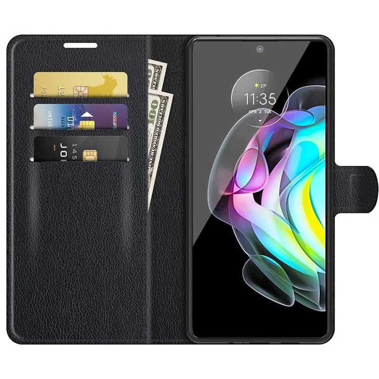 Wallet Design Folio Flip Litchi Texture Protective Soft PU Leather Phone Case with Stand for Motorola Edge 20 - Black