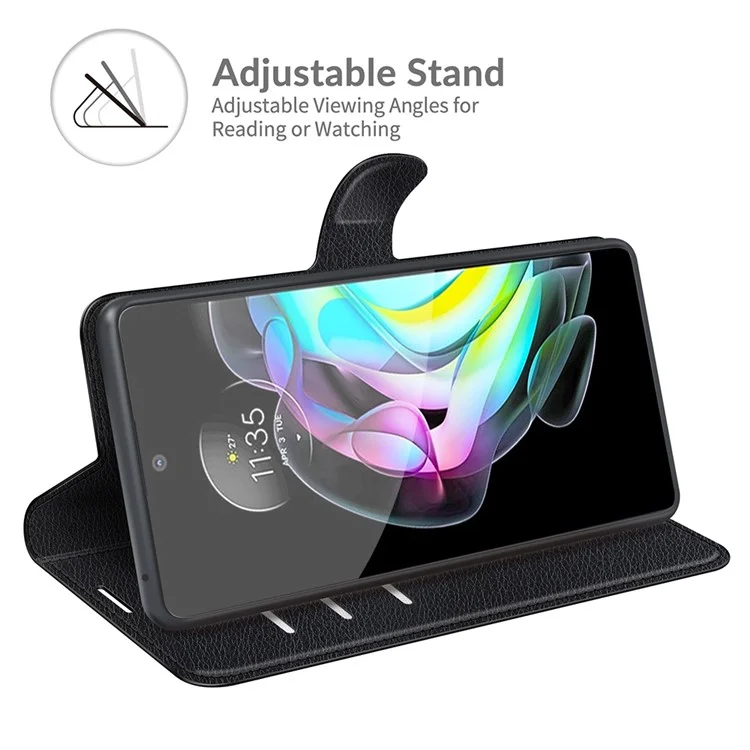 Wallet Design Folio Flip Litchi Texture Protective Soft PU Leather Phone Case with Stand for Motorola Edge 20 - Black
