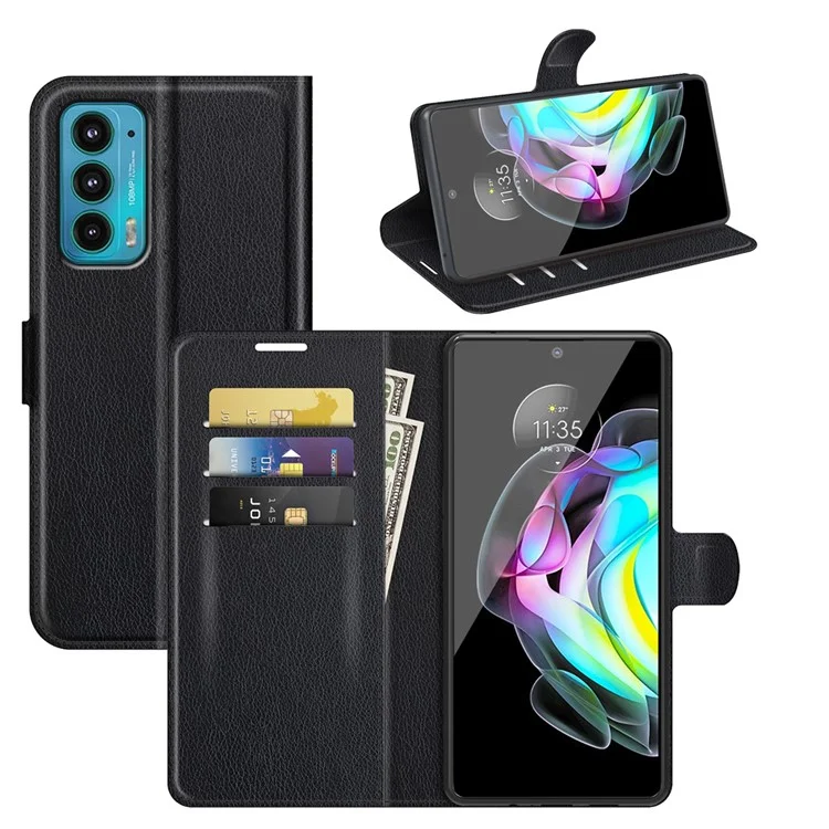 Wallet Design Folio Flip Litchi Texture Protective Soft PU Leather Phone Case with Stand for Motorola Edge 20 - Black