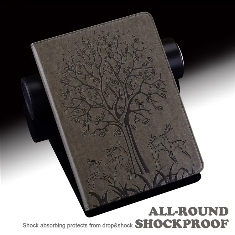 Imprint Tree and Deer Pattern Elastic Strap Closure Leather Stand Tablet Cover for Lenovo Tab M10 HD (TB-X505L/TB-X505F)/M10 (TB-X605L/TB-X605F)/Tab P10 (TB-X705F TB-X705L) - Grey