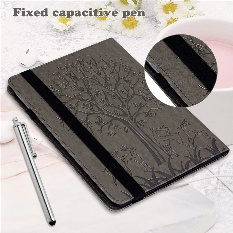 Imprint Tree and Deer Pattern Elastic Strap Closure Leather Stand Tablet Cover for Lenovo Tab M10 HD (TB-X505L/TB-X505F)/M10 (TB-X605L/TB-X605F)/Tab P10 (TB-X705F TB-X705L) - Grey