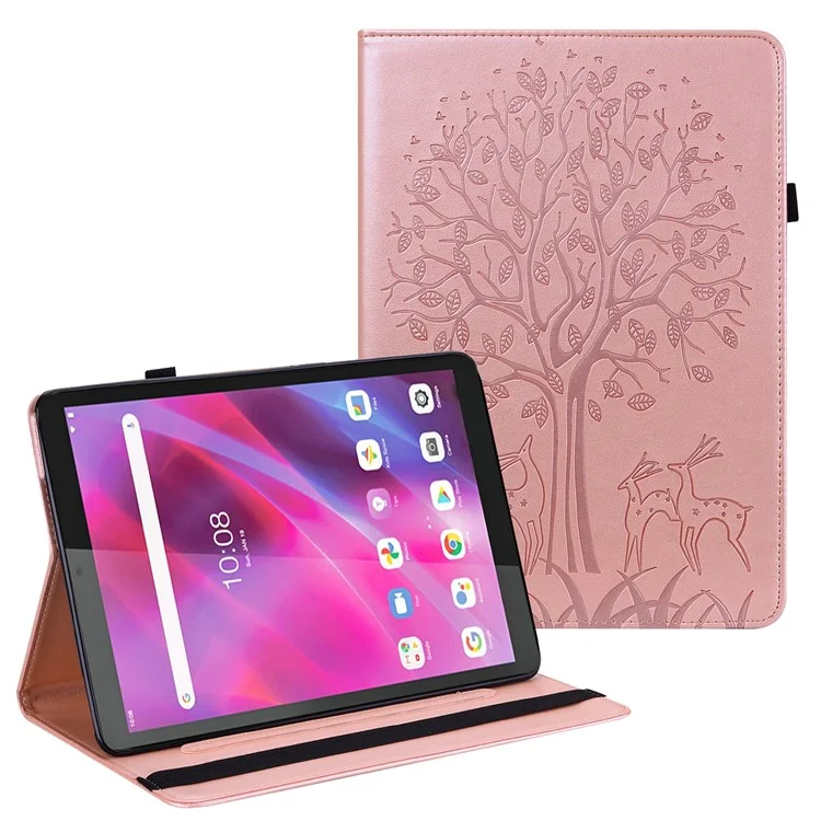 Impreinte Arbre et Motif de Cerf Sangle Élastique Fermeture du Support en Cuir Couvercle de Tablette Pour Lenovo Tab M10 HD (tb-x505l / Tb-x505f) / M10 (tb-x605l / Tb-x605f) / Tab P10 (TB-X705F TB-X705L) - or Rose