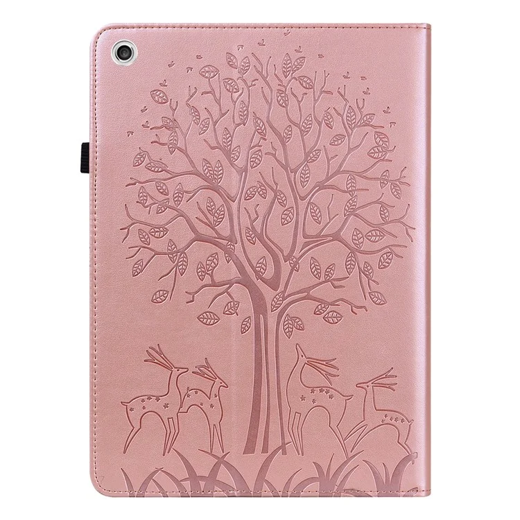 Imprint Tree and Deer Pattern Elastic Strap Closure Leather Stand Tablet Cover for Lenovo Tab M10 HD (TB-X505L/TB-X505F)/M10 (TB-X605L/TB-X605F)/Tab P10 (TB-X705F TB-X705L) - Rose Gold