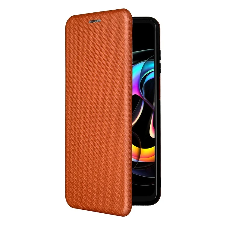 Custodia per telefono con supporto in pelle texture fibra di carbonio assorbita automaticamente per Motorola Edge 20 Lite - Arancione