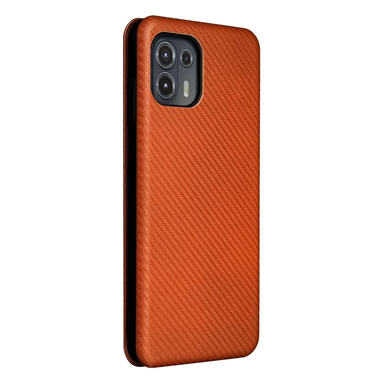 Custodia per telefono con supporto in pelle texture fibra di carbonio assorbita automaticamente per Motorola Edge 20 Lite - Arancione