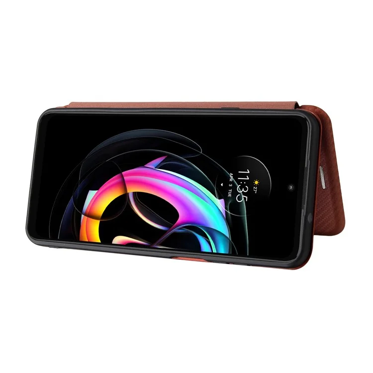Custodia per telefono con supporto in pelle texture fibra di carbonio assorbita automaticamente per Motorola Edge 20 Lite - Arancione