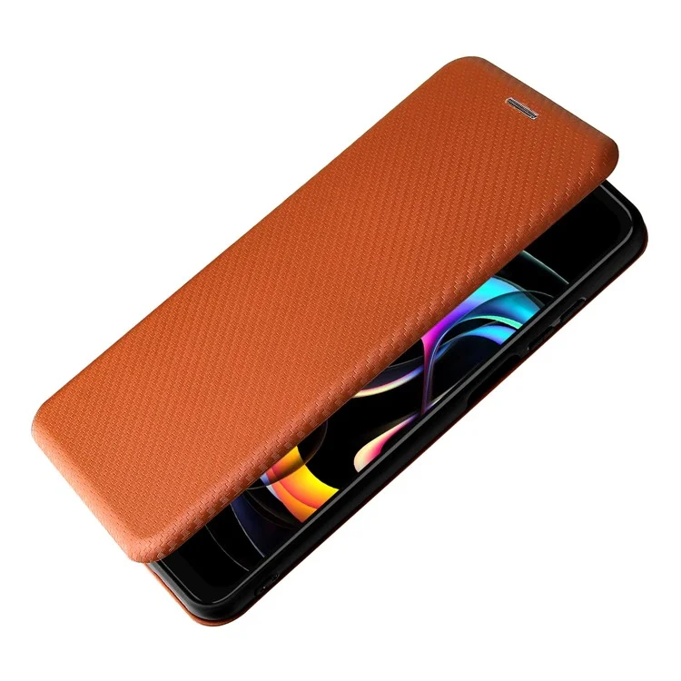 Custodia per telefono con supporto in pelle texture fibra di carbonio assorbita automaticamente per Motorola Edge 20 Lite - Arancione