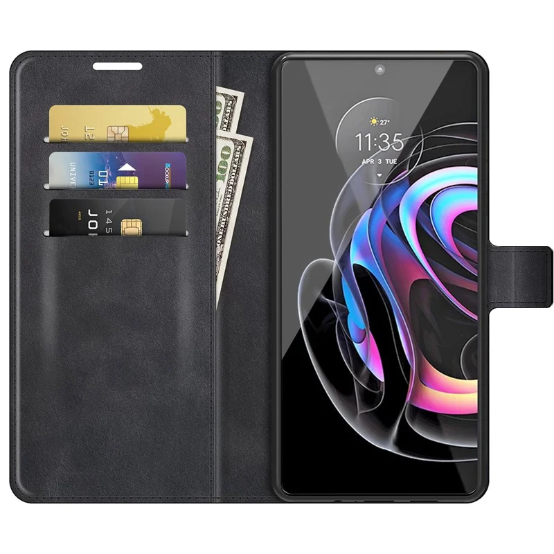 Magnetic Clasp Leather Wallet Stand Phone Protective Flip Cover Case for Motorola Edge 20 Lite 5G - Black