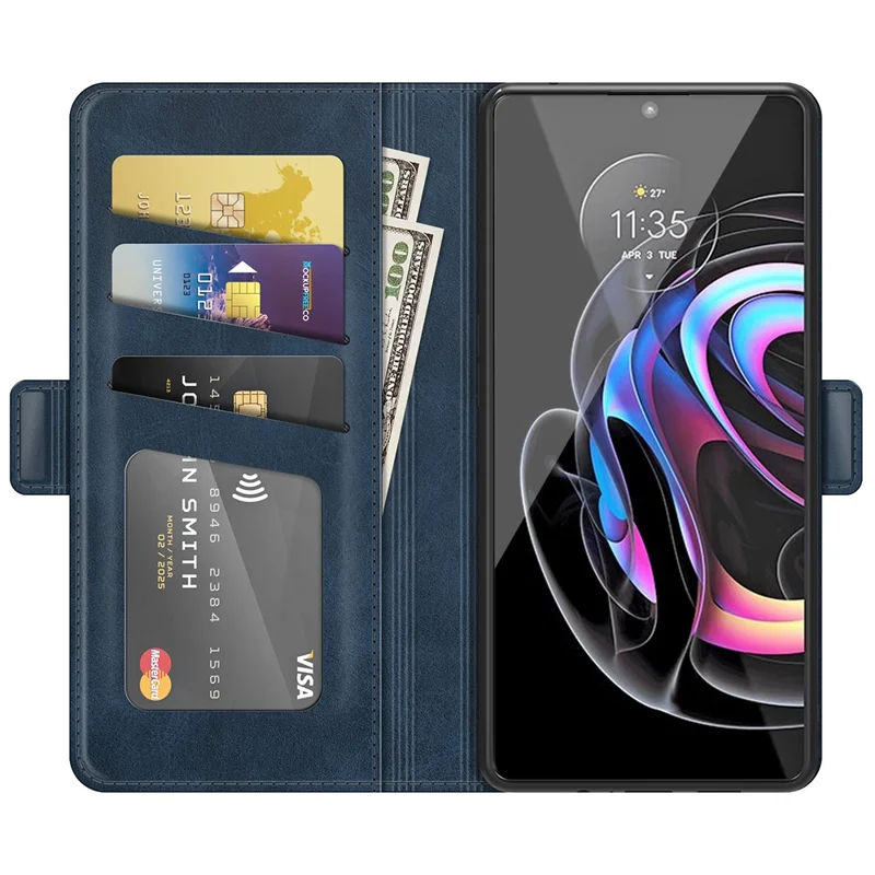 Magnetic Double Clasp PU Leather Phone Case Shell with Wallet Stand Design for Motorola Edge 20 Lite 5G - Blue