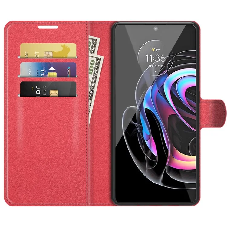 Funda de teléfono de piel con protección total Litchi Skin para Motorola Edge 20 Lite 5G, con cartera y soporte - Rojo