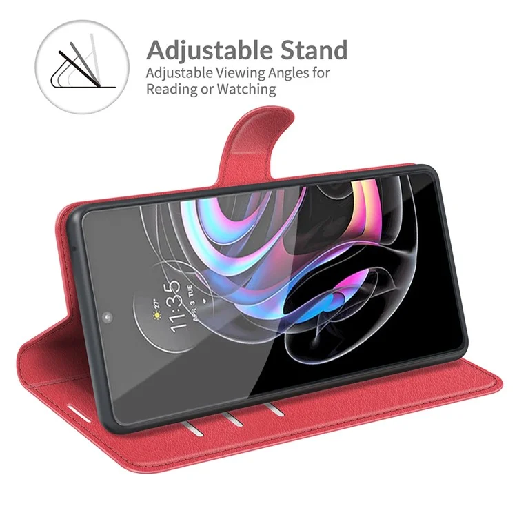 Funda de teléfono de piel con protección total Litchi Skin para Motorola Edge 20 Lite 5G, con cartera y soporte - Rojo