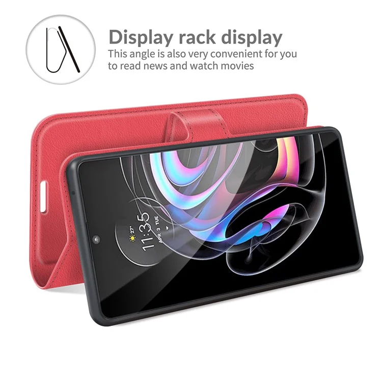 Funda de teléfono de piel con protección total Litchi Skin para Motorola Edge 20 Lite 5G, con cartera y soporte - Rojo