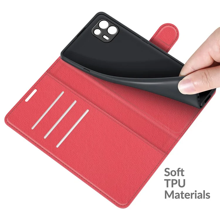 Leather Full-Protection Litchi Skin Phone Shell Case with Wallet Stand for Motorola Edge 20 Lite 5G - Red