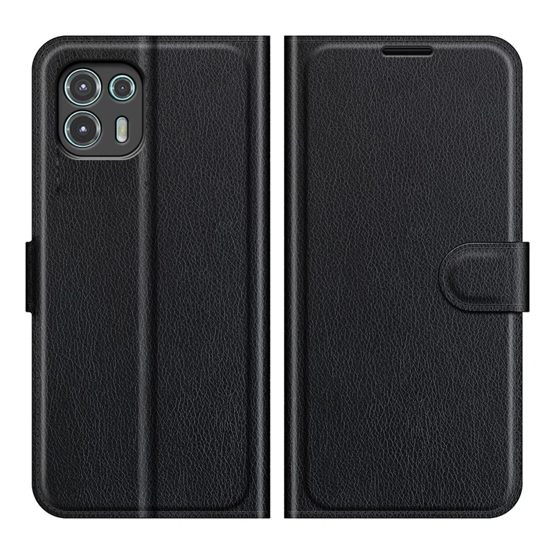 Vollständig schützendes Litchi-Leder-Handyhülle mit Geldbörse und Ständer für Motorola Edge 20 Lite 5G - Schwarz