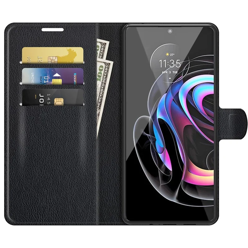 Vollständig schützendes Litchi-Leder-Handyhülle mit Geldbörse und Ständer für Motorola Edge 20 Lite 5G - Schwarz