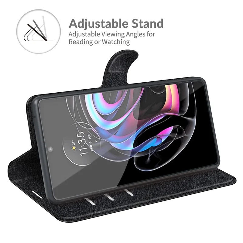 Vollständig schützendes Litchi-Leder-Handyhülle mit Geldbörse und Ständer für Motorola Edge 20 Lite 5G - Schwarz
