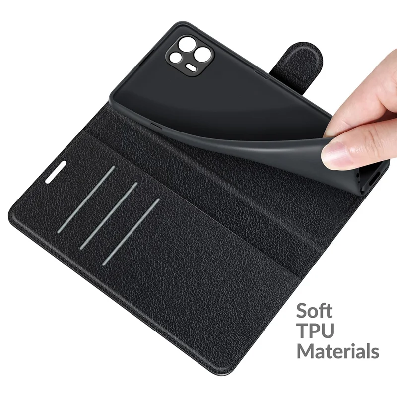 Vollständig schützendes Litchi-Leder-Handyhülle mit Geldbörse und Ständer für Motorola Edge 20 Lite 5G - Schwarz