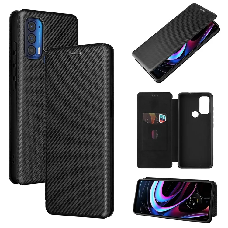 Custodia Per Telefono in Pelle in Fibra di Carbonio Con Slot Per Schede e Cinturino Per Motorola Bordo (2021) - Nero