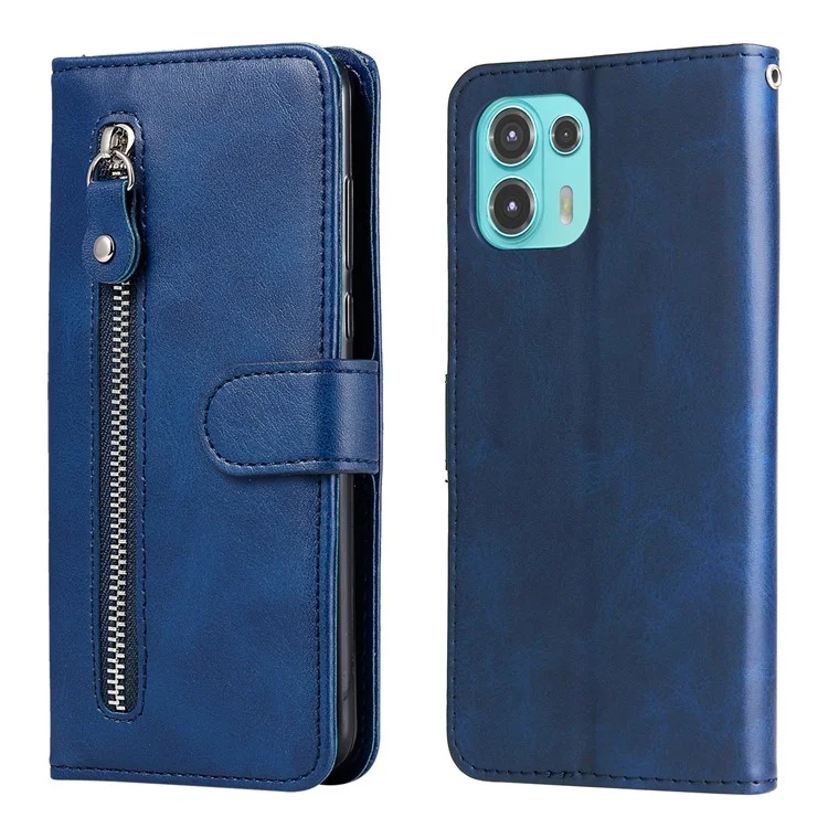 Zíper Design de Bolso de Estilo Moda Carteira PU Cael Capelo Case Flip Phelela Cobração de Toplo Para Motorola Edge 20 Lite - Azul