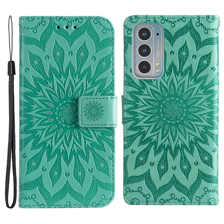 For Motorola Edge 20 Phone Case Sunflower Imprinted Leather Wallet Stand Cover with Strap - Green