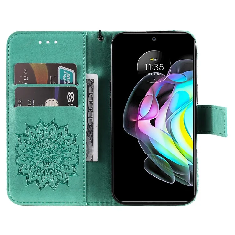 For Motorola Edge 20 Phone Case Sunflower Imprinted Leather Wallet Stand Cover with Strap - Green