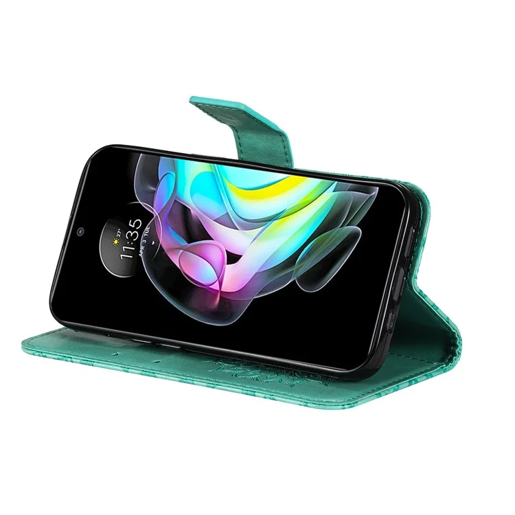 For Motorola Edge 20 Phone Case Sunflower Imprinted Leather Wallet Stand Cover with Strap - Green