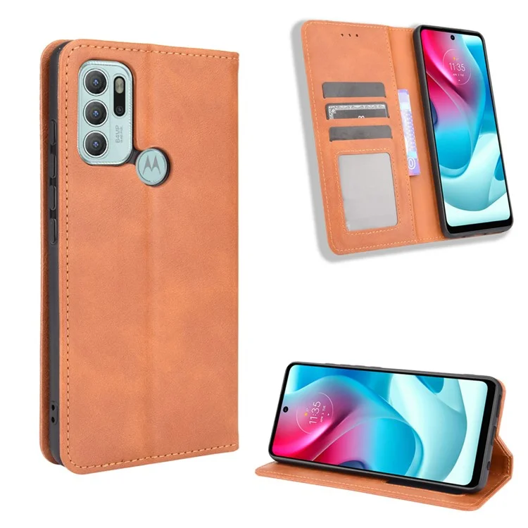 Magnetisches selbstabsorbierendes Vintage-Stil-Ledertasche-Design-Handyhüllen mit Ständer für Motorola Moto G60S / G60 - Braun