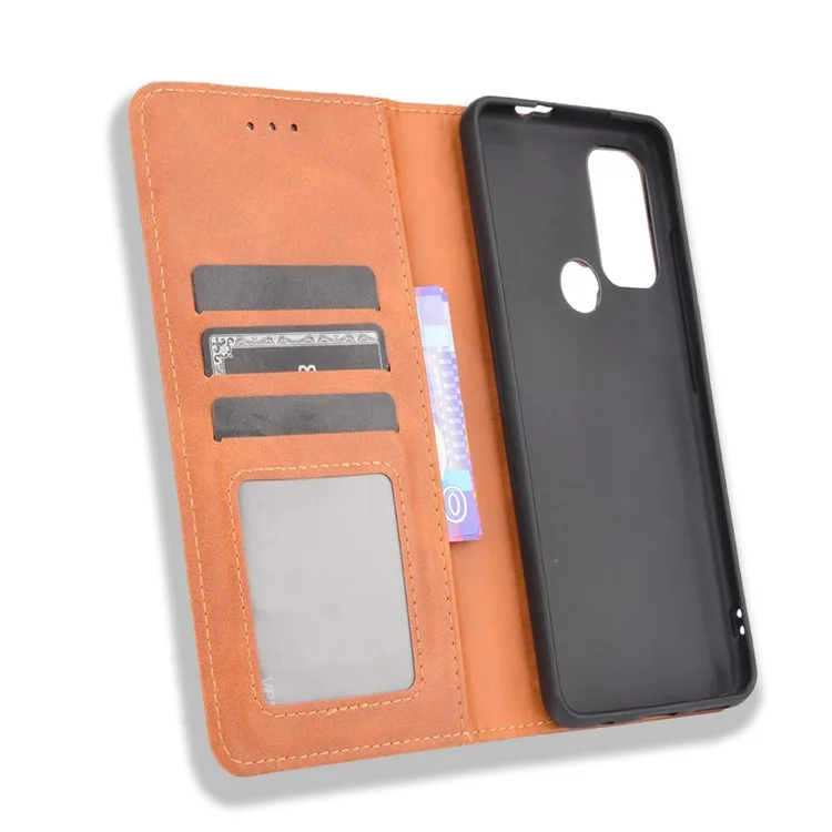 Magnetisches selbstabsorbierendes Vintage-Stil-Ledertasche-Design-Handyhüllen mit Ständer für Motorola Moto G60S / G60 - Braun
